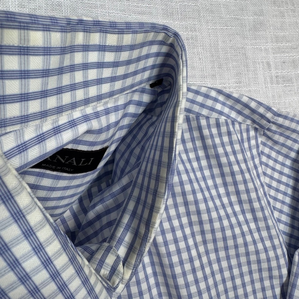 Canali Dress Shirt 43/17 Blue Gingham French Cuff Italian Quiet Luxury Preppy - Picture 7 of 16